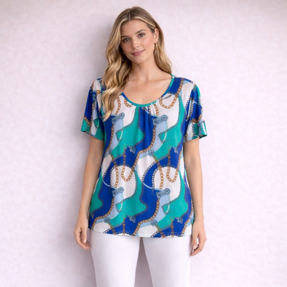 Jaclyn Smith Blue and Green Patterned Short Sleeve Top